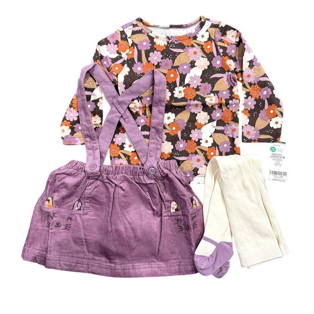 Carter's Baby Girl Striped Tee, Corduroy Jumper & Tights Set in Purple​​​